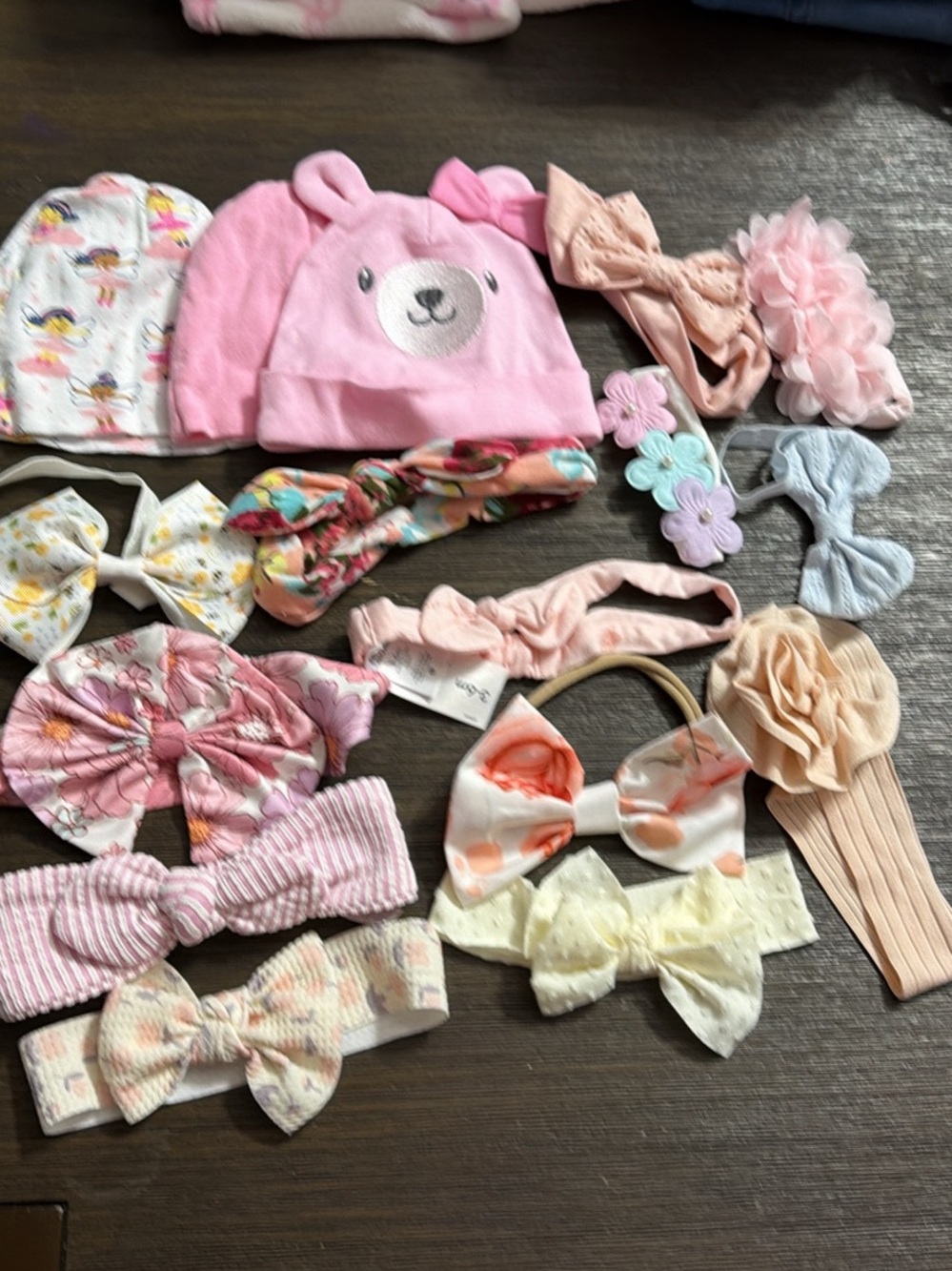 Baby Girls Pink Bear Beanie & Assorted Pink Hair Accessories Set